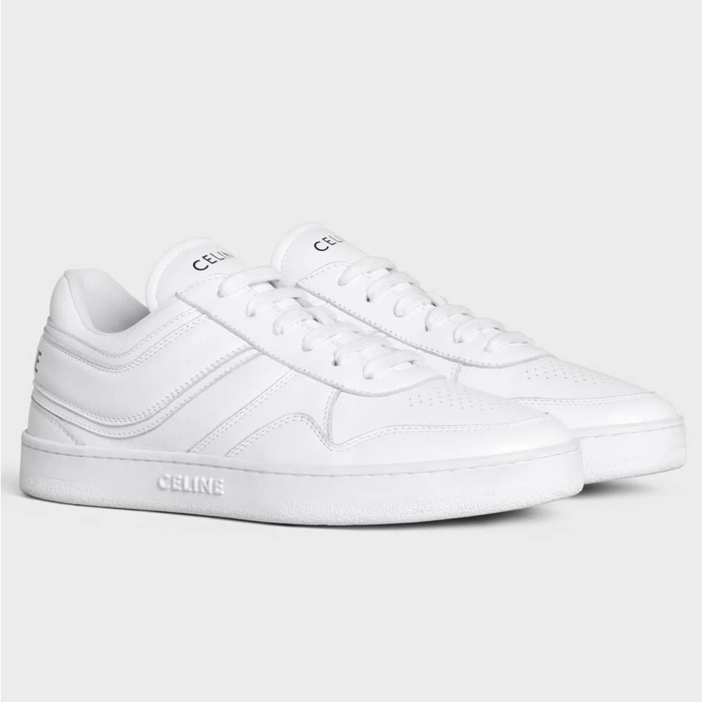 AUTH CELINE TRAINER LOW LACE-UP SNEAKER IN CALFSKIN OPTIC WHITE, SIZE 39